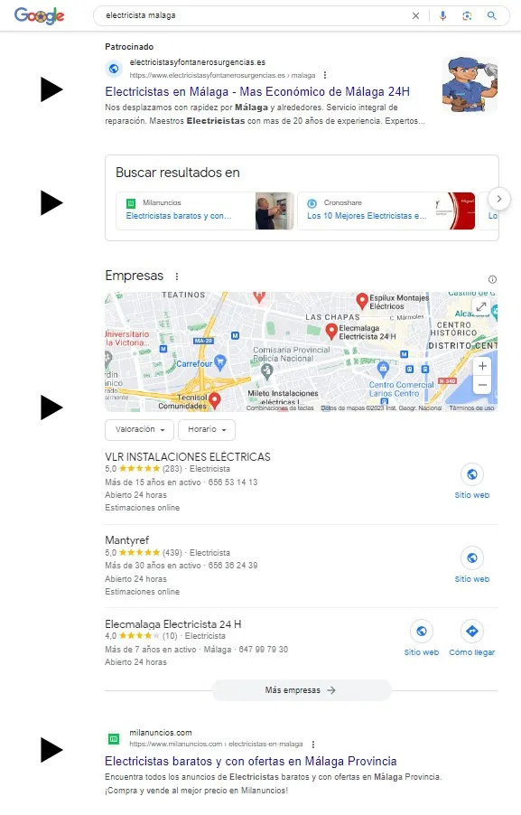 Se muestran los 4 resultados principales que tiene en cuenta Google para sus búsquedas locales
